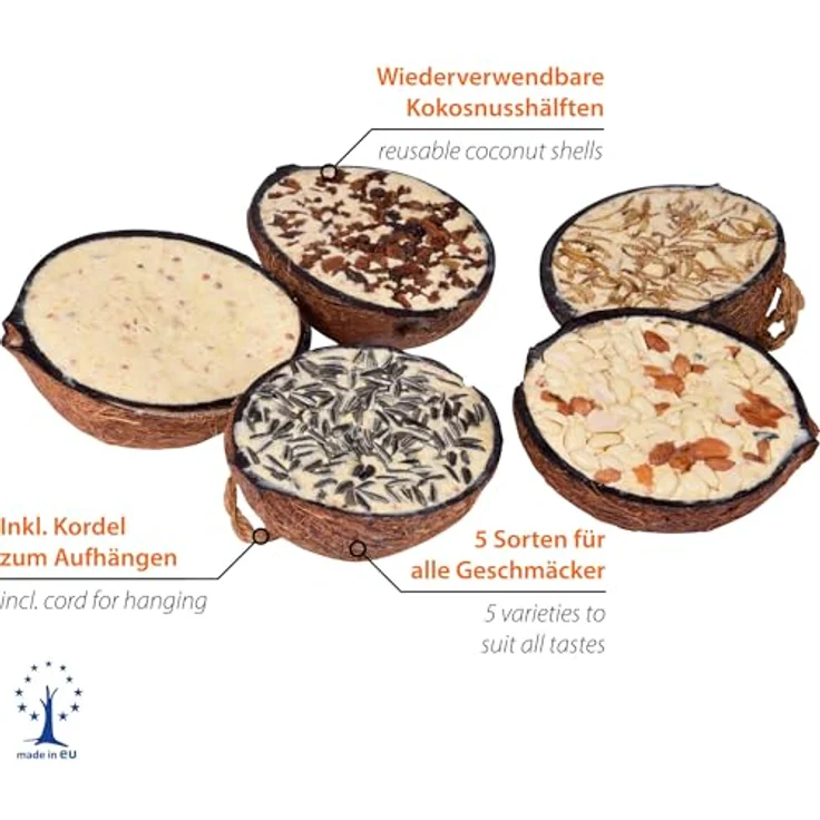 dobar® 10x gefüllte Kokosnüsse, Vogelfutter für Wildvögel, 5 Sorten für die Ganzjahresfütterung, 2 kg (1er Pack), biologisch abbaubar – Bild 2