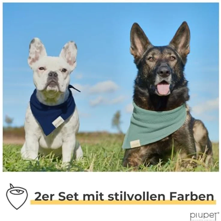 PiuPet® Hundehalstuch 2er Set, stylisches Bandana für große und kleine Hunde, 100% Baumwolle, waschbar, Blau/Türkis, Größe S (58x40x40cm) – Bild 2