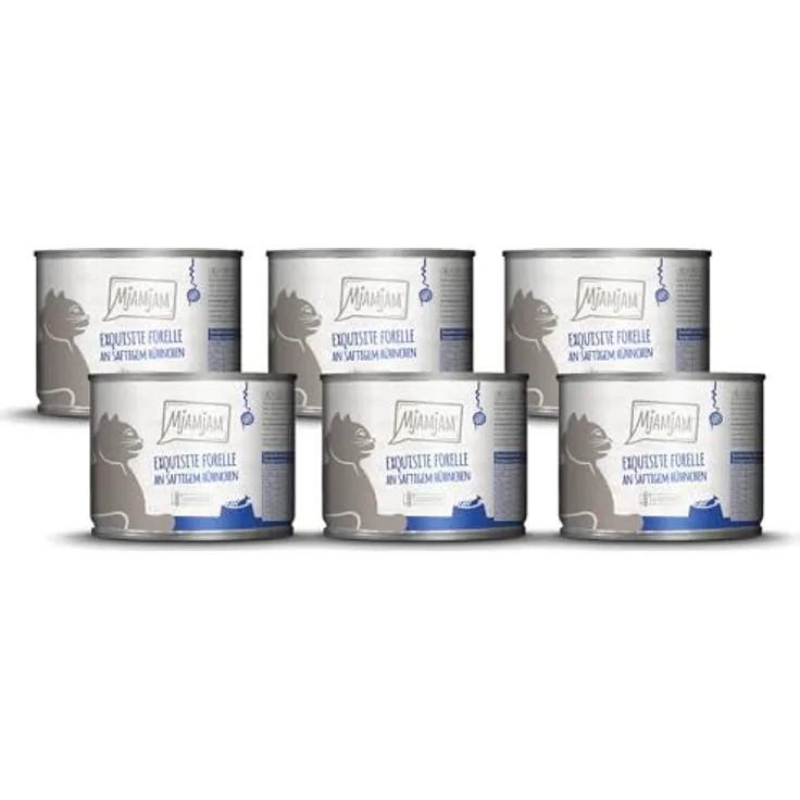 MjAMjAM Premium Nassfutter für Katzen, exquisite Forelle an saftigem Hühnchen, getreidefrei, 6er Pack (6x200g)