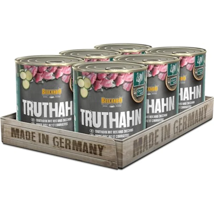 BELCANDO Super Premium Dose, 6x800g Truthahn mit Reis & Zucchini, Nassfutter für Hunde aller Rassen, mit stückiger Konsistenz und wertvollem Distelöl – Bild 1