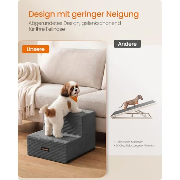 Feandrea Hundetreppe Baddi Kollektion PPS022GN01, 2-stufige Katzentreppe aus Schaumstoff, Bleigrau, waschbar und rutschfest, 30 x 38 x 28 cm für kleine Hunde – Bild 3