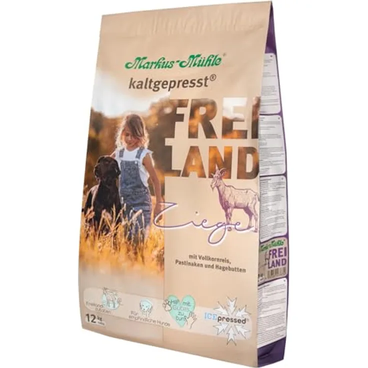 Markus Mühle Freiland - FREILANDzutaten - Premium Hundetrockenfutter für empfindliche Hunde, 100% kaltgepresst, 12kg, Ziege