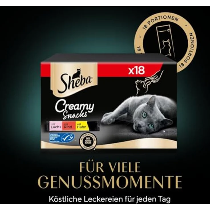Sheba Creamy Snacks Multipack, Katzenfutter mit 3 Sorten (Huhn, Lachs, Rind), 18x12g – Bild 6