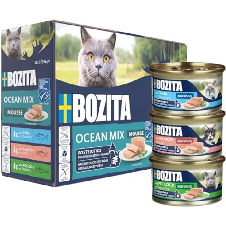 Bozita Mousse Mixed Ocean, Katzen-Nassfutter mit MSC-Thunfisch, MSC-Lachs und MSC-Seelachs, 12x85g, getreidefrei