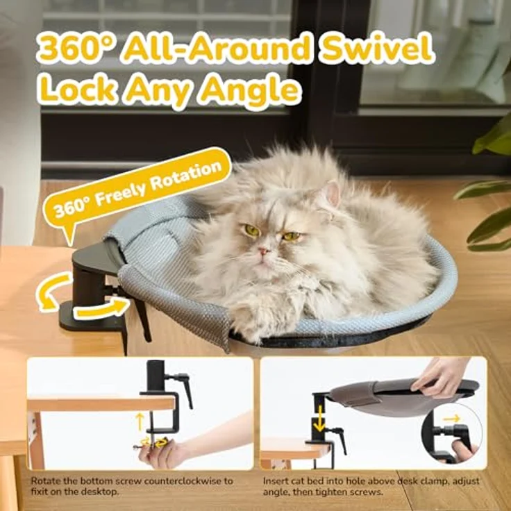 CATISM Hängebett für Katzen, 360° drehbares Schreibtisch Katzenbett mit 2 atmungsaktiven Matten (grau/dunkelgrau), Platzsparendes Design 36x38cm bis 20 kg – Bild 3
