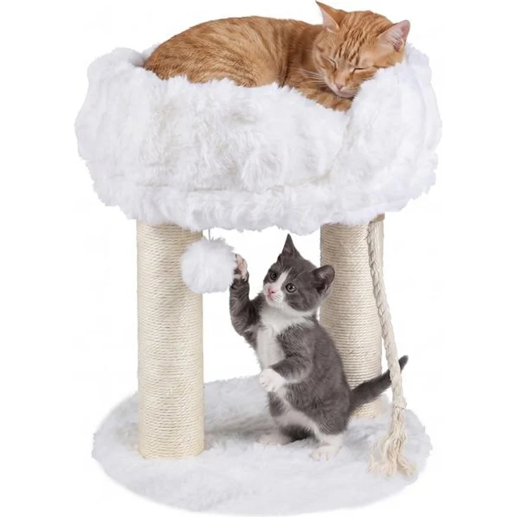 KOMFOTTEU Kratzbaum klein mit weicher Sitzfläche, 2 Sisalstämmen, Spielball, beige/grau/weiß
