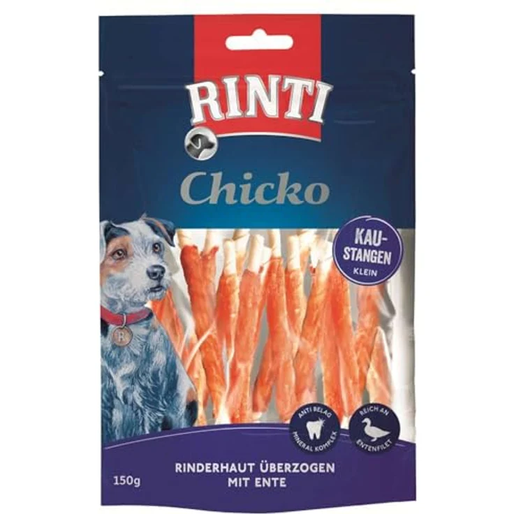 Rinti Chicko Kaustangen mit Ente, 150g, bissfeste Rinderhaut überzogen mit frischem Entenbrustfilet für ausgewachsene Hunde – Bild 2