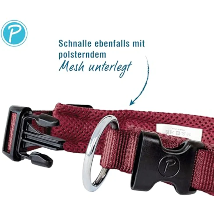 Petlando Mesh Hundehalsband M 45-50cm, Bordeaux – leicht, atmungsaktiv, stufenlos verstellbar, robust mit O-Ring – Bild 3