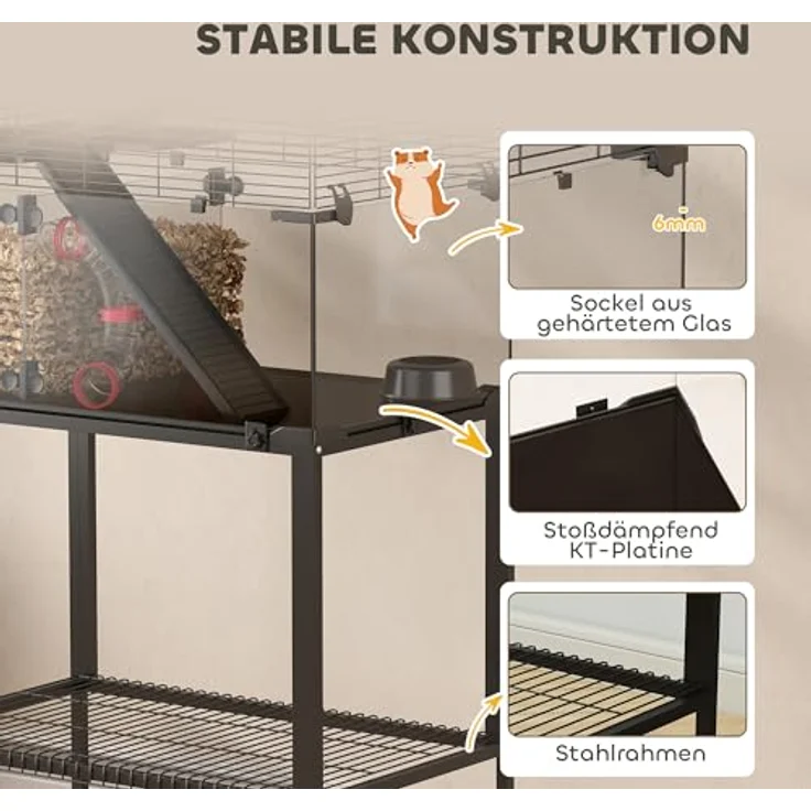 PawHut Hamsterkäfig 360°-Sicht, transparenter Nagerkäfig mit 3 Etagen, Röhrensystem, Hütte, Rampen und Rollen, 77 x 49 x 130,5 cm, Schwarz – Bild 5