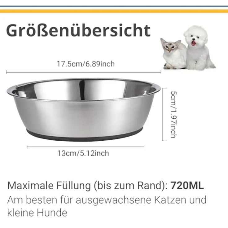 PEGGY11 Edelstahl Futternapf für kleine und mittelgroße Hunde, 720 ml, rutschfest mit Silikonboden, stabil & leise, 2er Set – Bild 2