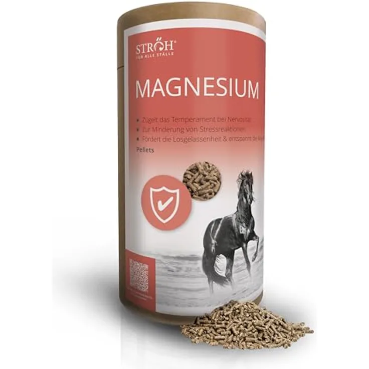 STRÖH Magnesium Pferd, 1,4 kg Feedbox Dose, mit Vitamin B12 und E, Ergänzungsfuttermittel zur Unterstützung von Stoffwechsel und Nerven für Pferde