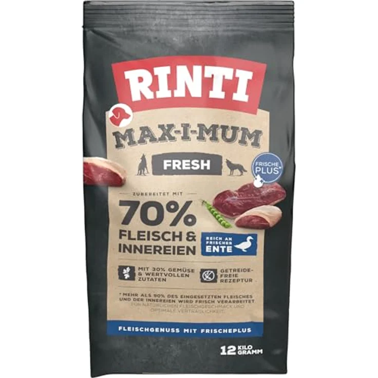 Rinti Max-i-Mum Fresh Ente, Hunde-Trockenfutter mit 70% Fleischanteil, getreidefrei, 12 kg – Bild 1