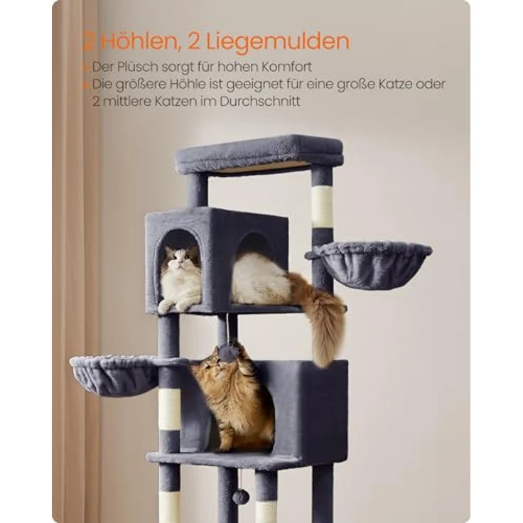 Feandrea Kratzbaum groß, 190,7 cm hoch, XXL, mehrstöckiger Katzenbaum mit 2 Höhlen, 2 Liegemulden, 5 Kratzsäulen, Katzenbürste, große Plattform, dunkelgrau – Bild 5