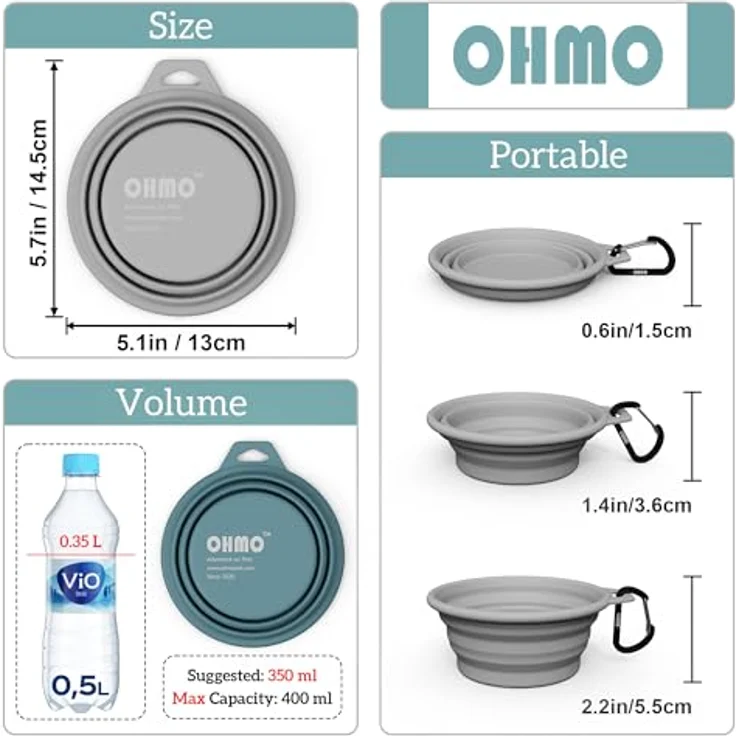 OHMO Faltbare Hundenäpfe, 2er Set 350ml, Premium Silikon in Hellblau & Asch, Tragbar für Camping und Wandern, sicher und leicht zu reinigen – Bild 2