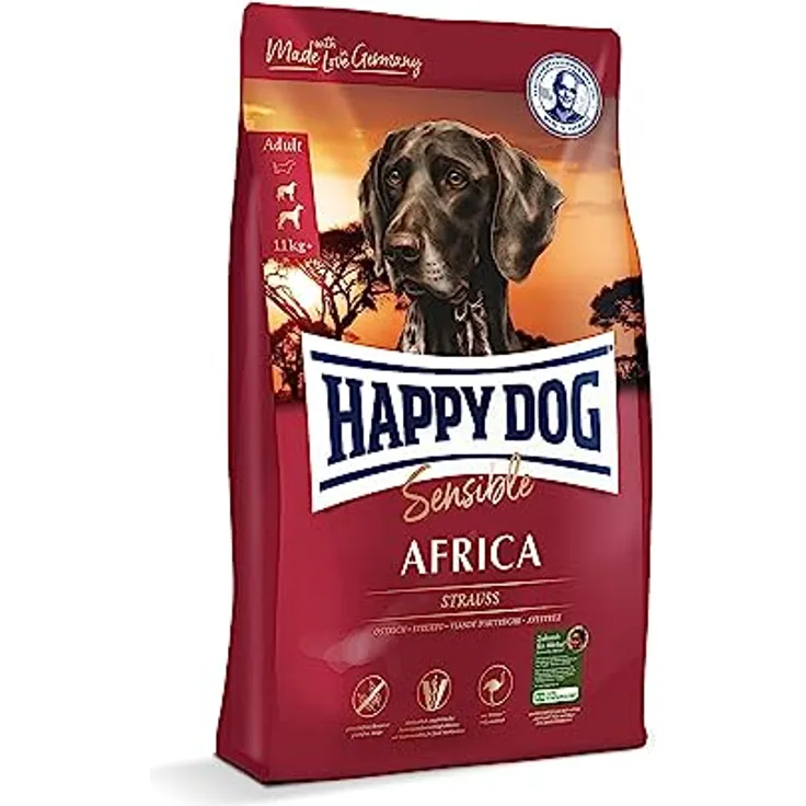 Happy Dog Sensible Trockenfutter Hund Adult, Afrika, 12,5 kg, getreidefrei, mit Strauß, für empfindliche Feinschmecker