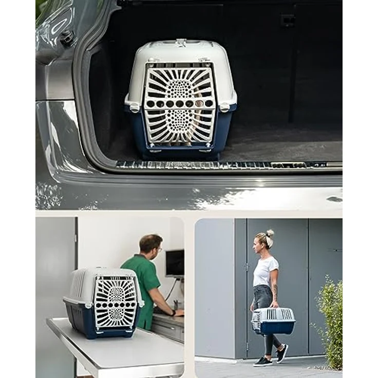 lionto Tiertransportbox für Hunde & Katzen, bis 15 kg, 55x36x36 cm, Blau, robuster Polypropylen mit guter Belüftung und praktischem Tragesystem – Bild 4