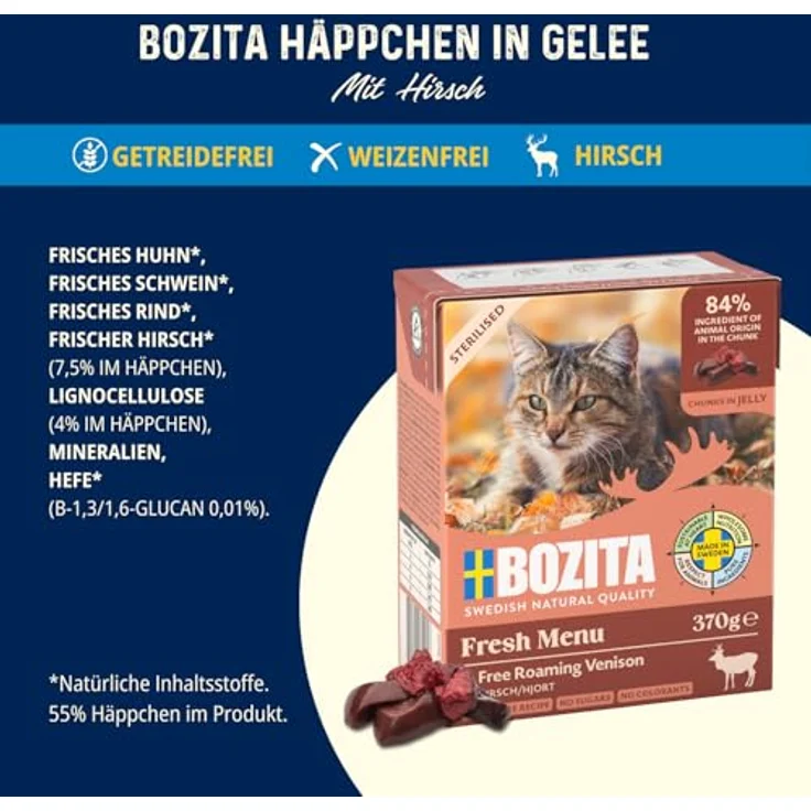 Bozita Tetra Sterilised Häppchen in Gelee mit Hirsch – 6x370g, getreidefreies, zuckerfreies Nassfutter für Katzen mit 7,5% Protein & 5% Fett, ohne Gentechnik – Bild 2