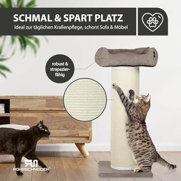 Rohrschneider Kratzbaum XXL Frieda, mit waschbarem Cordbezug in Taupe, stabile Kratztonne mit austauschbaren Kratzmatten, für große, mittlere und kleine Katzen – Bild 5