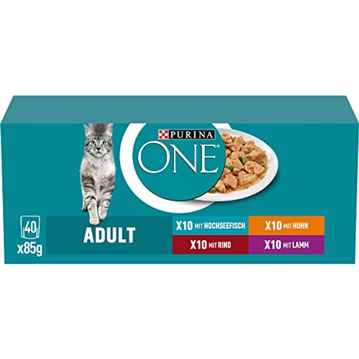 PURINA ONE Adult Katzenfutter nass, Sorten-Mix mit Lamm, Huhn, Hochseefisch & Rind, Multipack 40 x 85g, ohne Farbstoffe, mit Vitaminen und Ballaststoffen – Bild 1