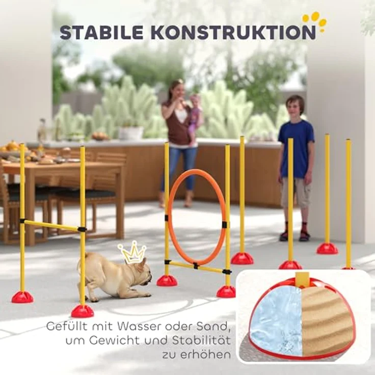 PawHut Agility Set, 3-teiliges höhenverstellbares Trainingsset mit Sprunghürde, Sprungring und Slalomstangen, Orange-Gelb, befüllbar für Koordinationstraining – Bild 5