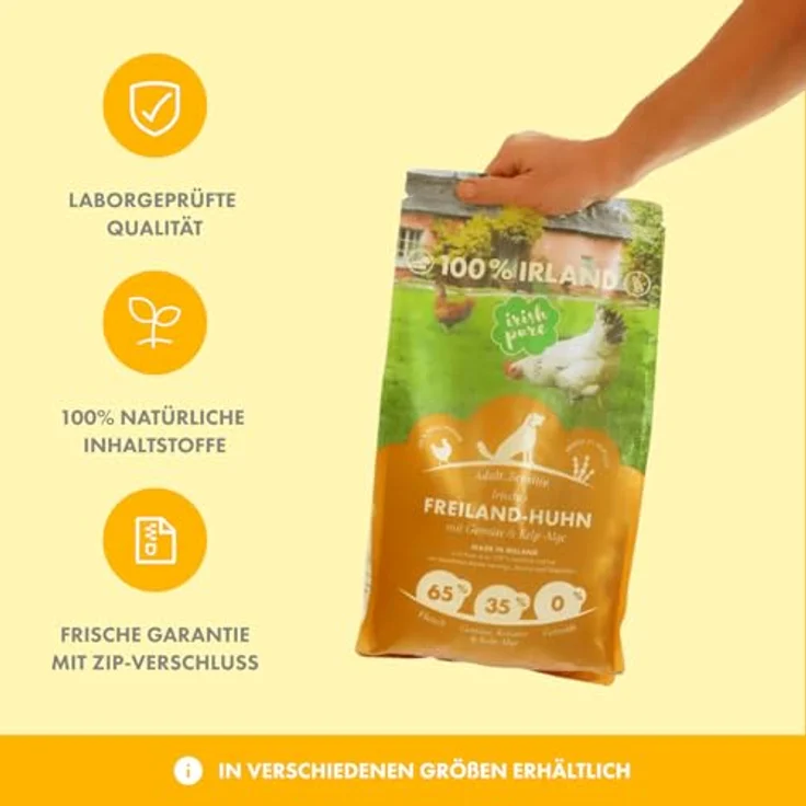 Irish Pure Premium Trockenfutter für Hunde, Getreidefrei, Hoher Fleischanteil (65% Huhn), Sensitiv, 1,5kg – Bild 5
