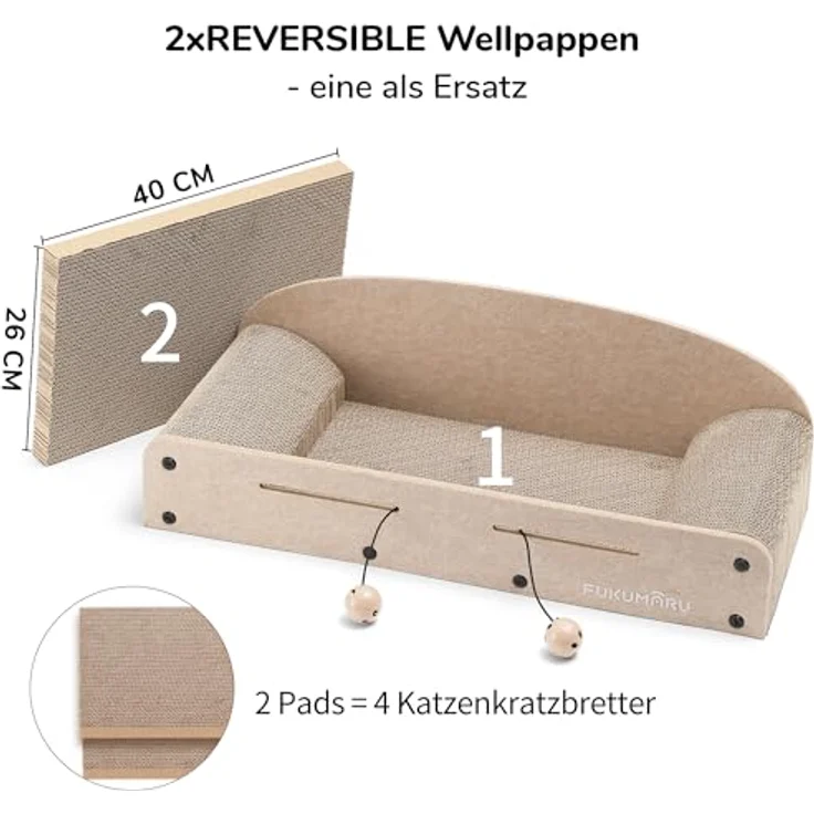 FUKUMARU Kratzbrett für Katzen, 66 cm, langlebige Wellpappe und Filz, 2 wendbare Kratzpads, recycelbares Katzenkratzbett mit Glockenballspielzeug, Beige – Bild 4