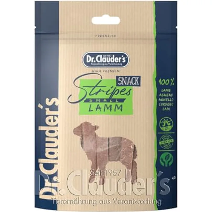 Dr.Clauder's Stripes Snack Small, Leicht verdauliche Hundesnacks mit 95% Lammfleisch und Inulin, dampftrocknet, 80g