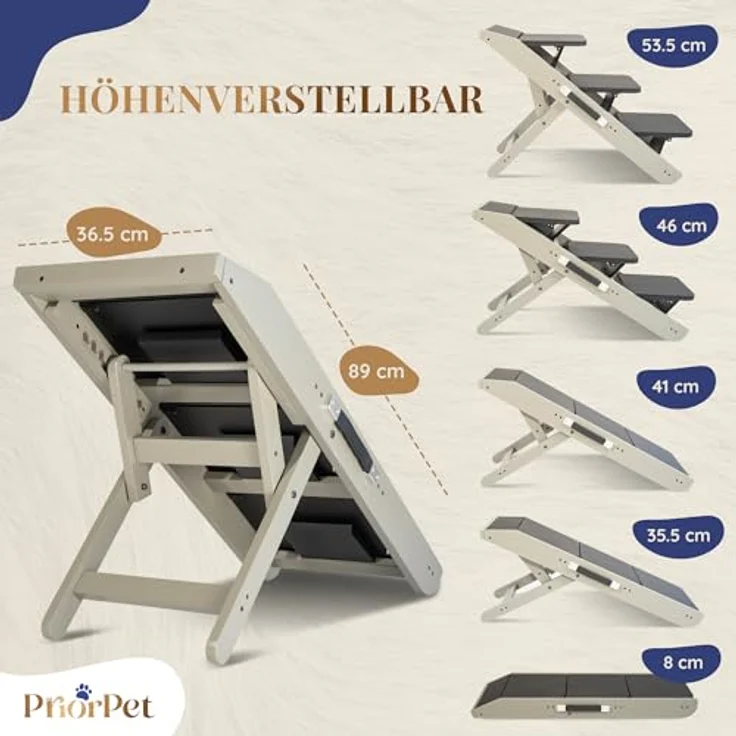 PRIORPET Hundetreppe 2-in-1 Treppe/Rampe, höhenverstellbar 18-50 cm, rutschfeste Gummioberfläche, massive Birkenholzkonstruktion, grau – Bild 4