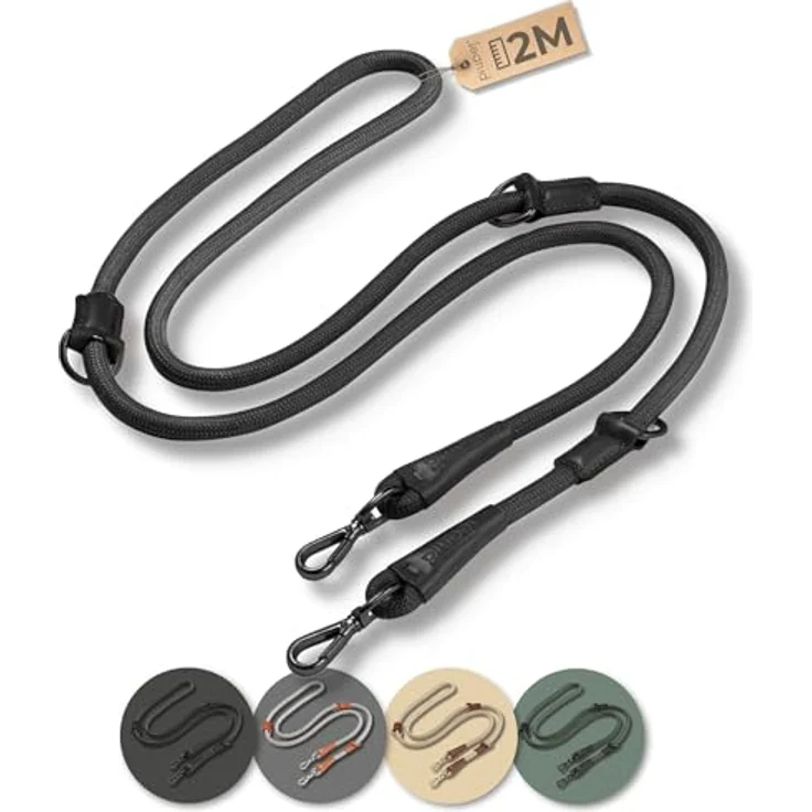 PiuPet® Hundeleine 2m, 3-fach längenverstellbar für große & kleine Hunde, schwarz, aus Baumwoll-Polyester mit robusten Karabinerhaken – Bild 1