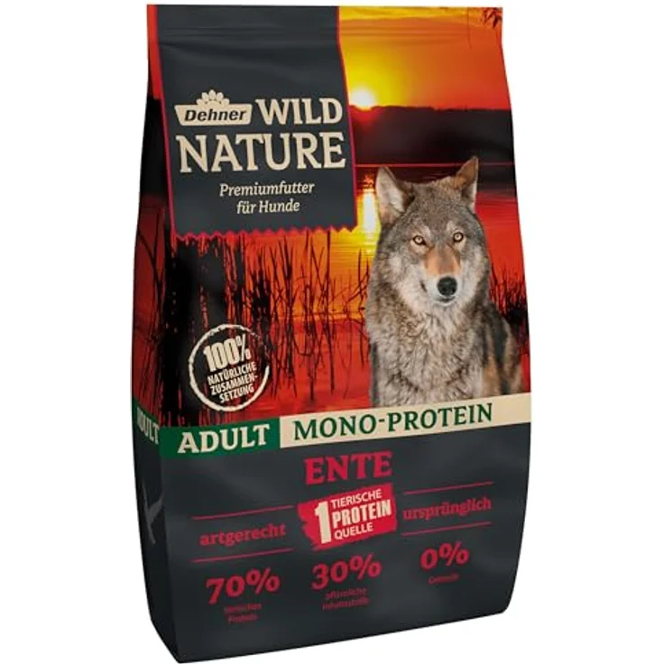 Dehner Wild Nature Hundefutter Mono Protein, Getreidefreies Trockenfutter für ausgewachsene Hunde, Ente/Fisch, 4 kg, 70% Protein – Bild 1