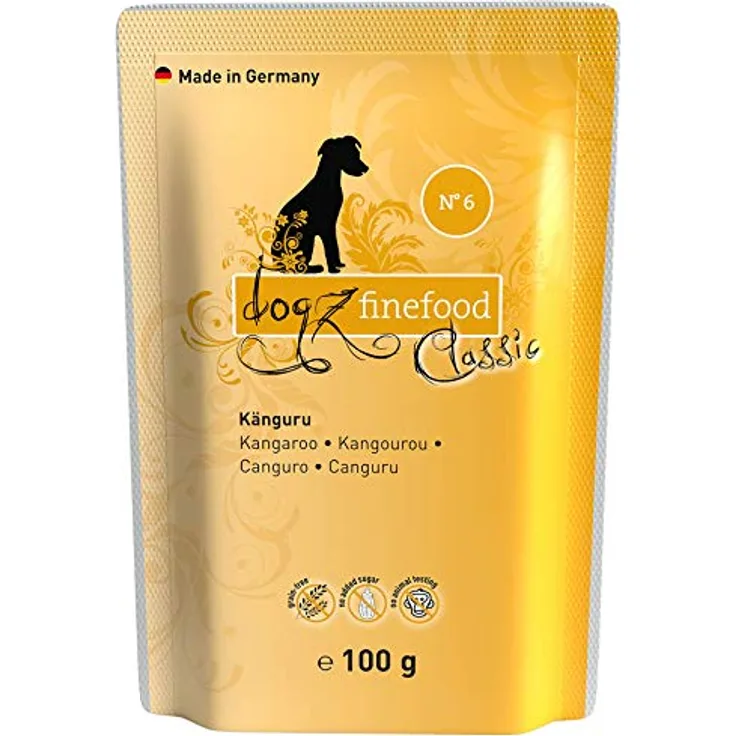 Dogz finefood Hundefutter nass N° 6 Känguru, Feinkost für Hunde & Welpen, getreidefrei & zuckerfrei, 65% Fleischanteil, 12 x 100 g Beutel