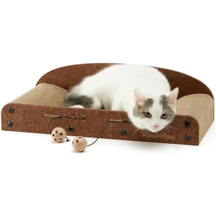 FUKUMARU 53.3 cm Katzenkratzer Karton, Langlebiges Kratzbett mit Glockenball Spielzeug, Recycelbare Katzenkratzpads für Indoor Katzen