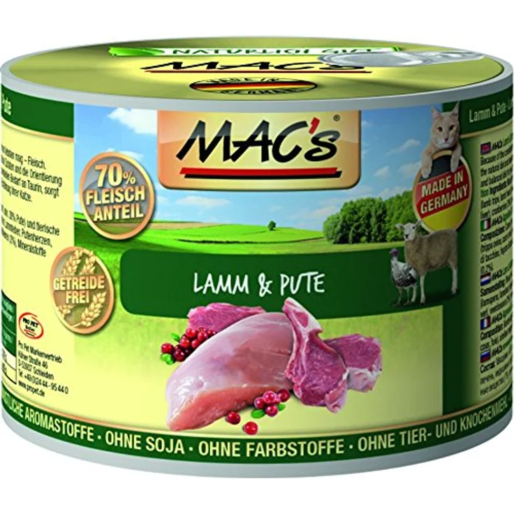 MAC's Cat Lamm & Pute, getreidefreies Katzen-Nassfutter mit 70% Fleischanteil, 6 x 200 g