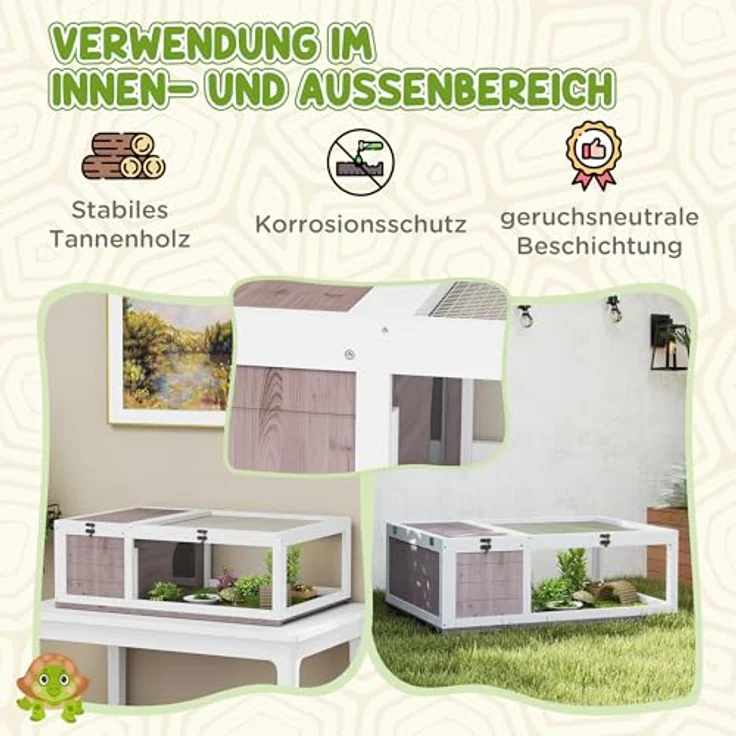 PawHut Kleintierstall Schildkrötengehege, 91x60,5x32 cm, mit aufklappbarem Dach und zwei Zonen für Schildkröten und Eidechsen, Braun – Bild 3