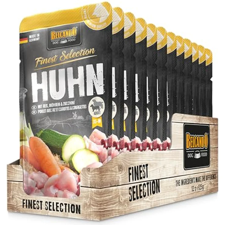 BELCANDO Frischebeutel Huhn mit Reis, Zucchini & Möhren | Nassfutter für Hunde, 12x125g, Alleinfutter im Einzelportionsbeutel, mit Distelöl – Bild 1