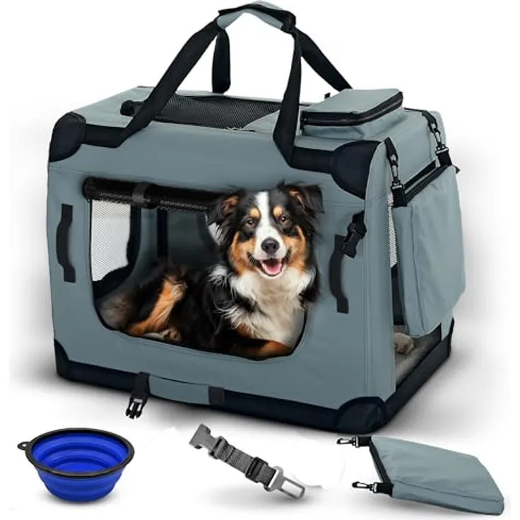 PET VIOLET Faltbare Hundebox, robuste Transportbox für Auto & Reise, atmungsaktiv mit 3 Eingängen, Größe 70×52×50 cm, grau