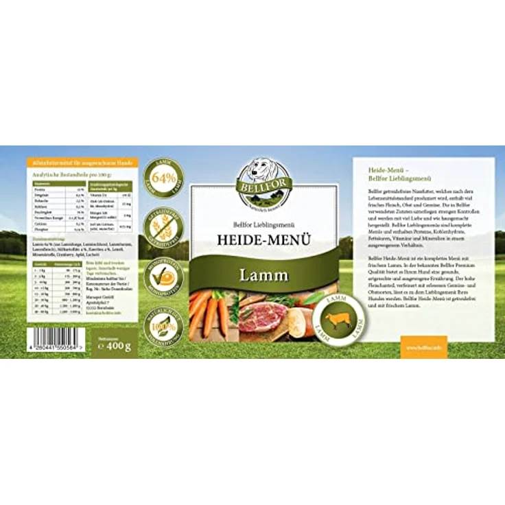 Bellfor Heide-Menü Hundenassfutter mit frischem Lammfleisch, getreidefrei, 400 g, ohne Zucker und Soja, ohne synthetische Zusätze – Bild 2