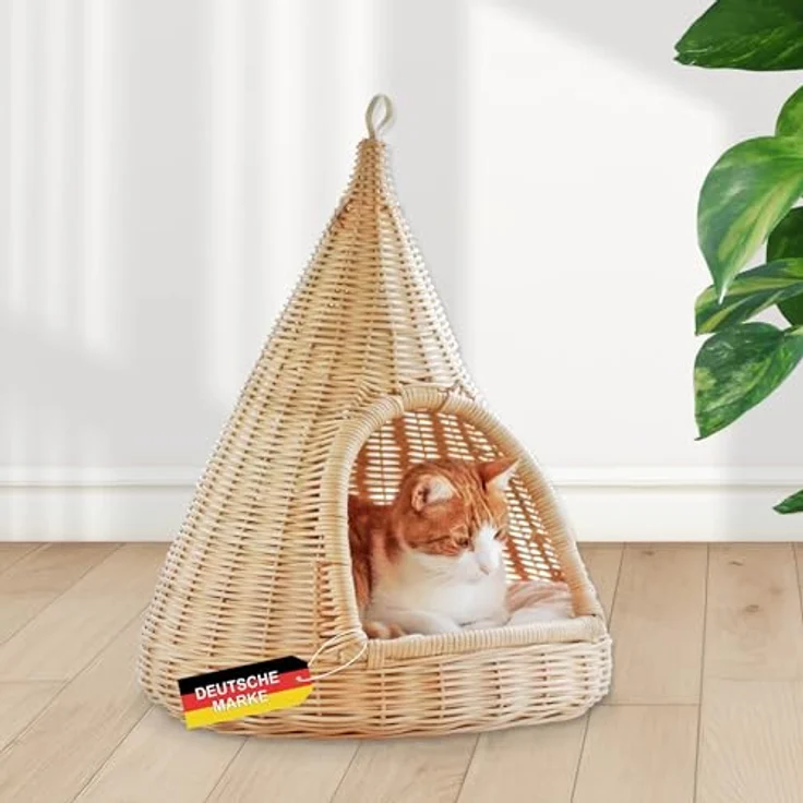 Rohrschneider Hänge-Katzenkorb Sammy | Handgeflochtenes Rattan Katzenbett mit waschbarem Kissen | Zum Hängen und Hinstellen | 45 x 45 x H 55 cm | Natur-beige – Bild 1