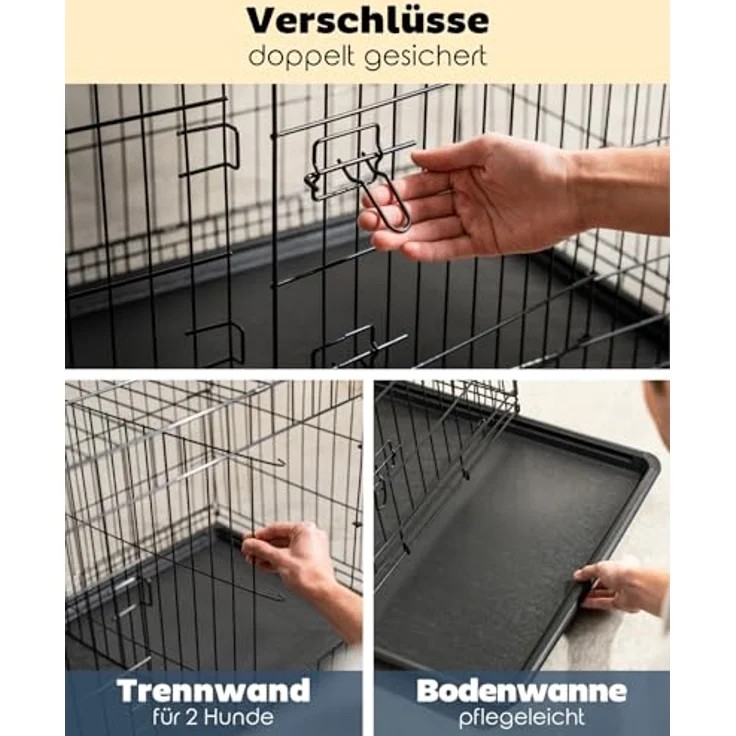 lionto Tiertransportbox für Hunde und Katzen, 92x58x64 cm, vielseitiger Metallkäfig mit Hygiene-Kunststoffwanne, Sicherheitsverschlüssen & Trennwand, schwarz – Bild 3