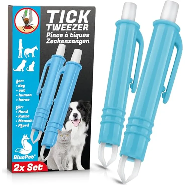 BluePet 2X Automatische Zeckenzange, Zuverlässige Zeckenpinzette für Hunde, Katzen, Pferde & Menschen mit Druckknopföffnung und Sicherheitsmechanismus