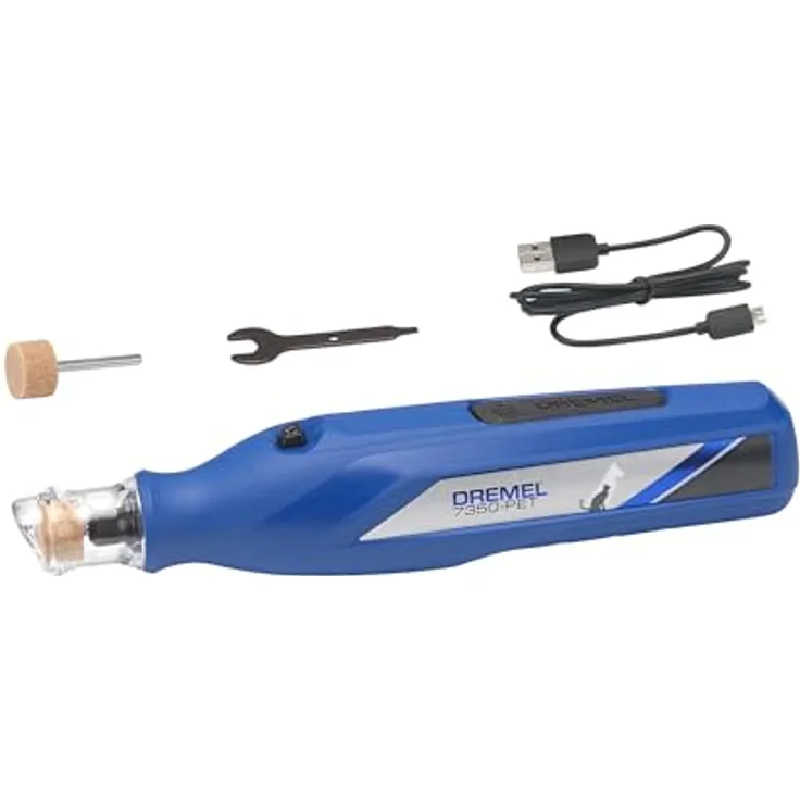 Dremel 7350 PET Krallenpflegese, leichte 3.6V Akku-Rotationswerkzeug mit 2 Schleifzubehören, Nagelschutzaufsatz und USB-Kabel, ideal für Hunde und Katzen