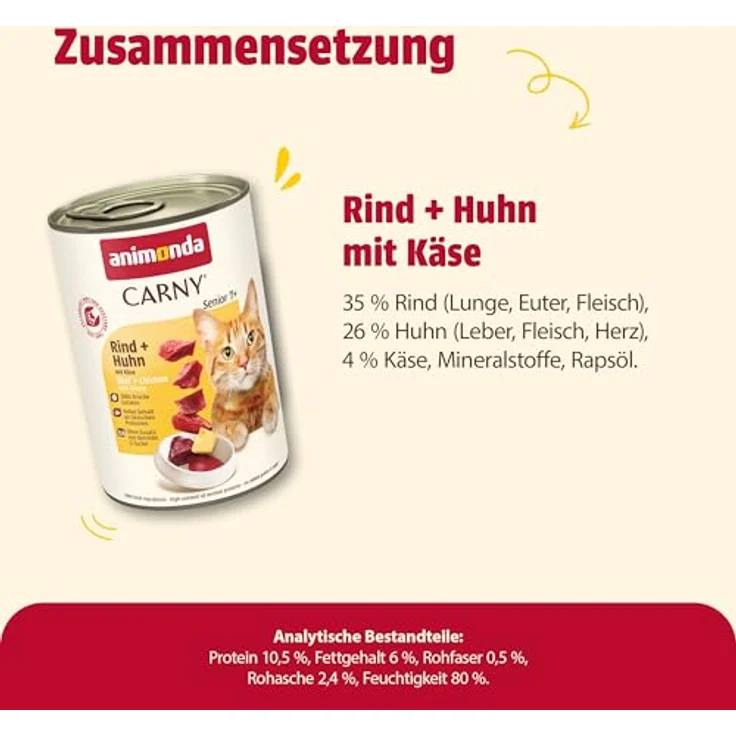 animonda Carny Senior Rind + Huhn mit Käse, Katzennassfutter ohne Getreide für ältere Katzen ab 7 Jahren, 6 x 400 g – Bild 4