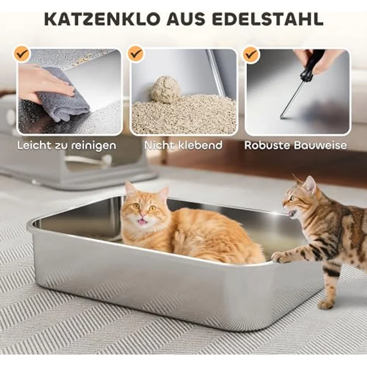 PawHut XXL Katzenklo Edelstahl mit Deckel, Doppeltüren, ausziehbarem Tablett, geruchsresistent, für große Katzen bis 12 kg, 70x50x46,5cm, Grau – Bild 3