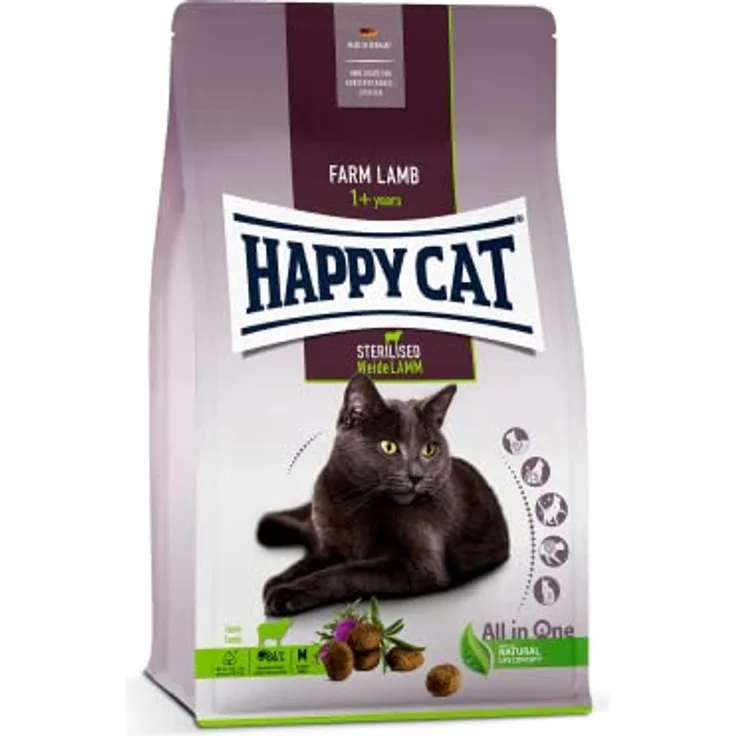HAPPY CAT Sterilised Trockenfutter Katze Adult, Weide-Lamm, 1,3 kg, für kastrierte Katzen, Gewichtsmanagement, Haut- und Fellunterstützung