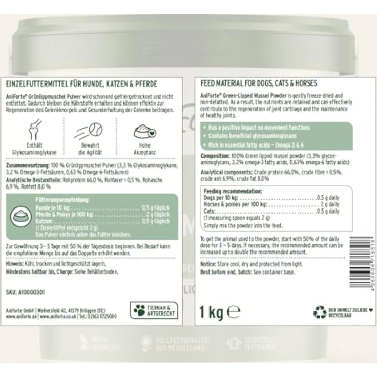 AniForte Grünlippmuschelpulver 1 kg, hochwertiges Ergänzungsfuttermittel für Hunde und Katzen zur Unterstützung der Gelenkgesundheit, getreidefrei – Bild 9