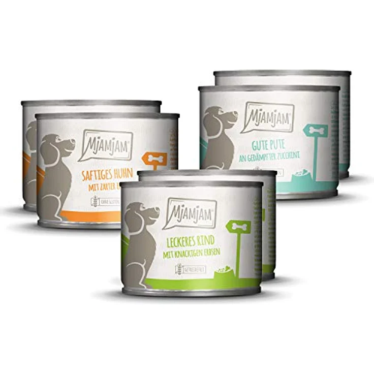 MjAMjAM Premium Nassfutter für Hunde - Mixpaket I mit Huhn & Ente, Rind, Pute, 6er Pack (6 x 200 g), glutenfrei, naturbelassen mit extra hohem Fleischanteil – Bild 1