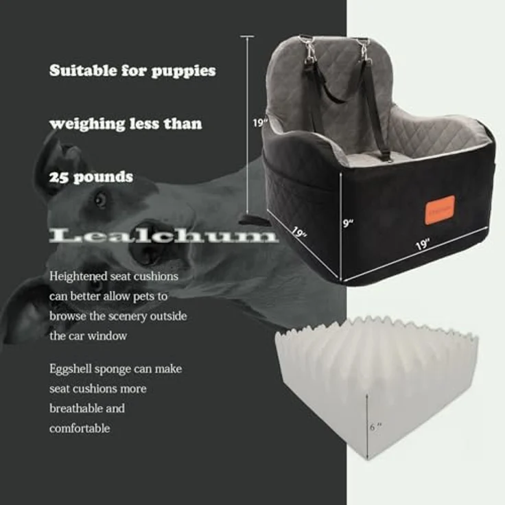 Lealchum Hund Booster Autositz für kleine/mittlere Hunde, Memory Foam, abnehmbar und waschbar, mit 2 Clip-On Sicherheitsleinen, schwarz/grau, mittel – Bild 2