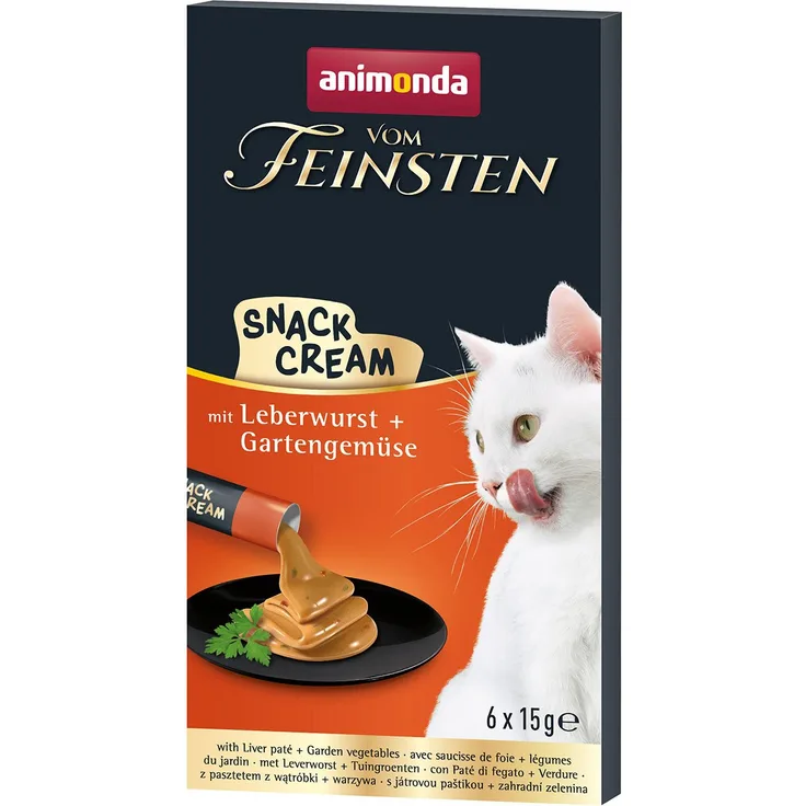 animonda vom Feinsten Snack Cream Leberwurst + Gartengemüse, cremiger Katzensnack in 6x15g Portionsbeuteln
