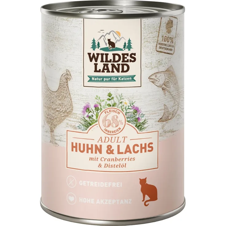 WILDES LAND Huhn und Lachs mit Cranberries, Katzen-Nassfutter, 6x400 g, getreidefrei und ohne Zusatzstoffe
