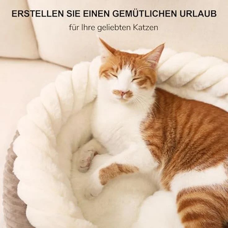 FUKUMARU Katzenbett waschbar, 55x55x21cm Katzenkorb mit erhöhtem Rand, weiches Cord, rutschfeste Unterseite, groß, kamelfarben – Bild 2